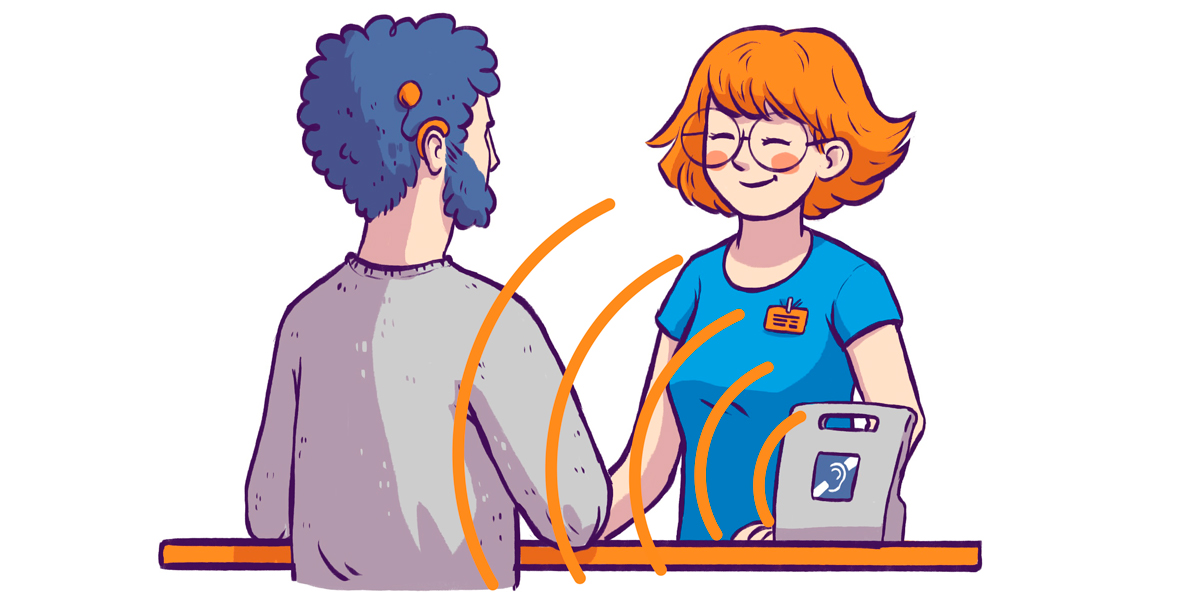 Ilustración de una mujer y un hombre hablando frente a frente. Sobre el mostrador vemos un bucle magnético que emite unas ondas naranjas hacia el hombre, que tiene un implante coclear.